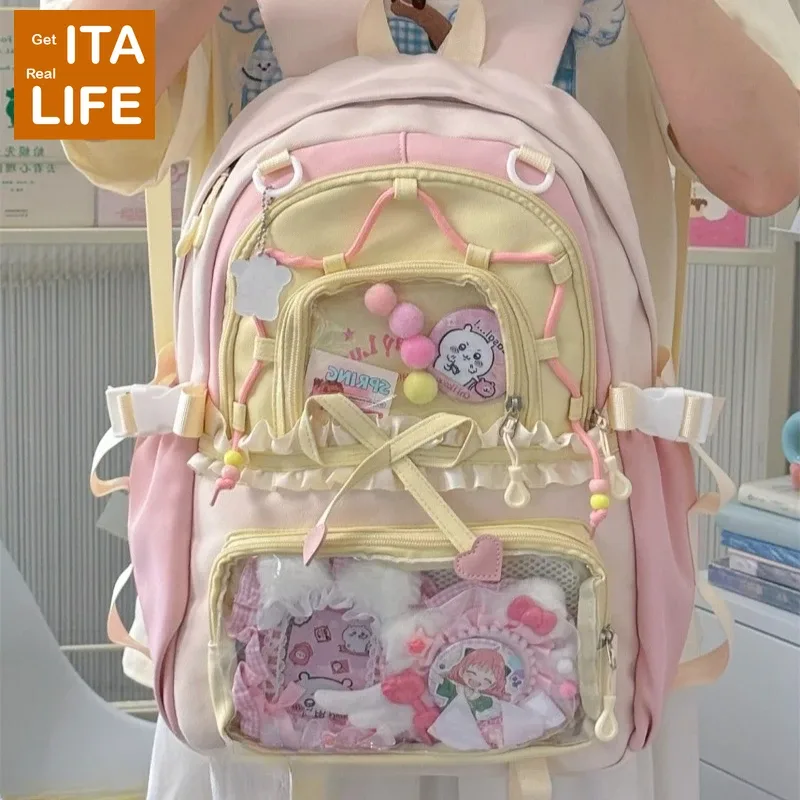 sac à dos ita transparent italife dopamine kawaii anmie pour femmes, avec présentoir pour épingles et badges, grand sac ita mignon en forme de cœur avec nœuds, style lolita h259