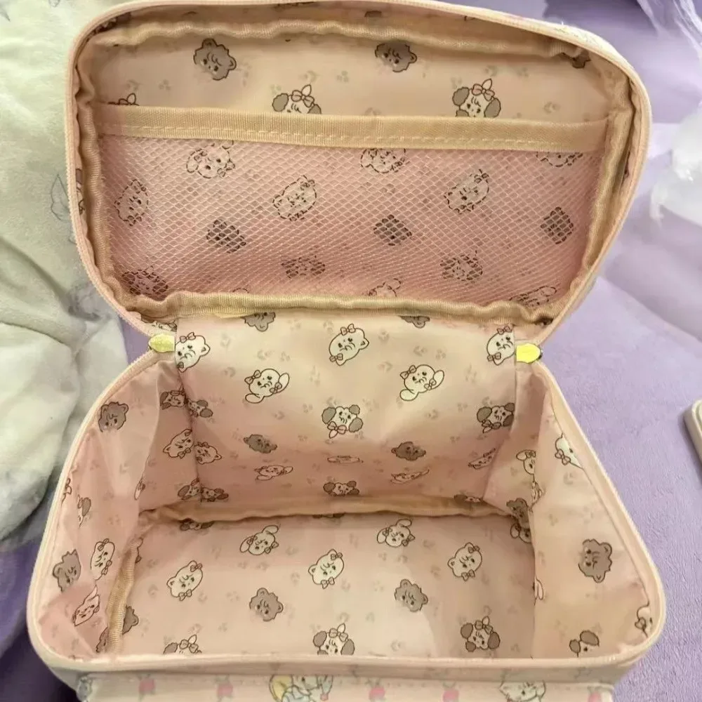 nouvelle trousse de maquillage en pu, grande capacité, portable, imprimé cartoon, sac de rangement carré, trousse de toilette mignonne