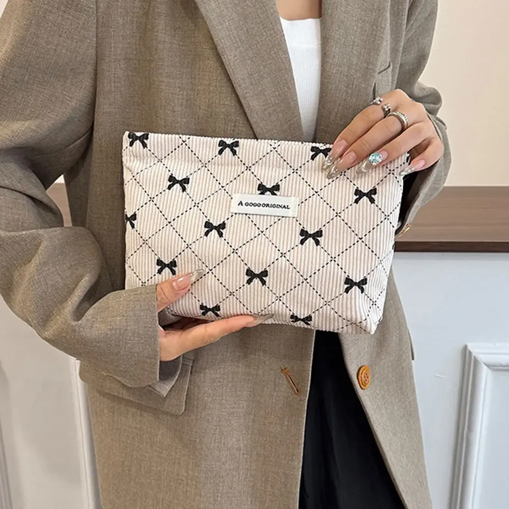 sac de maquillage en velours côtelé avec nœud papillon, sac de rangement portable pour soins de la peau, trousse de toilette