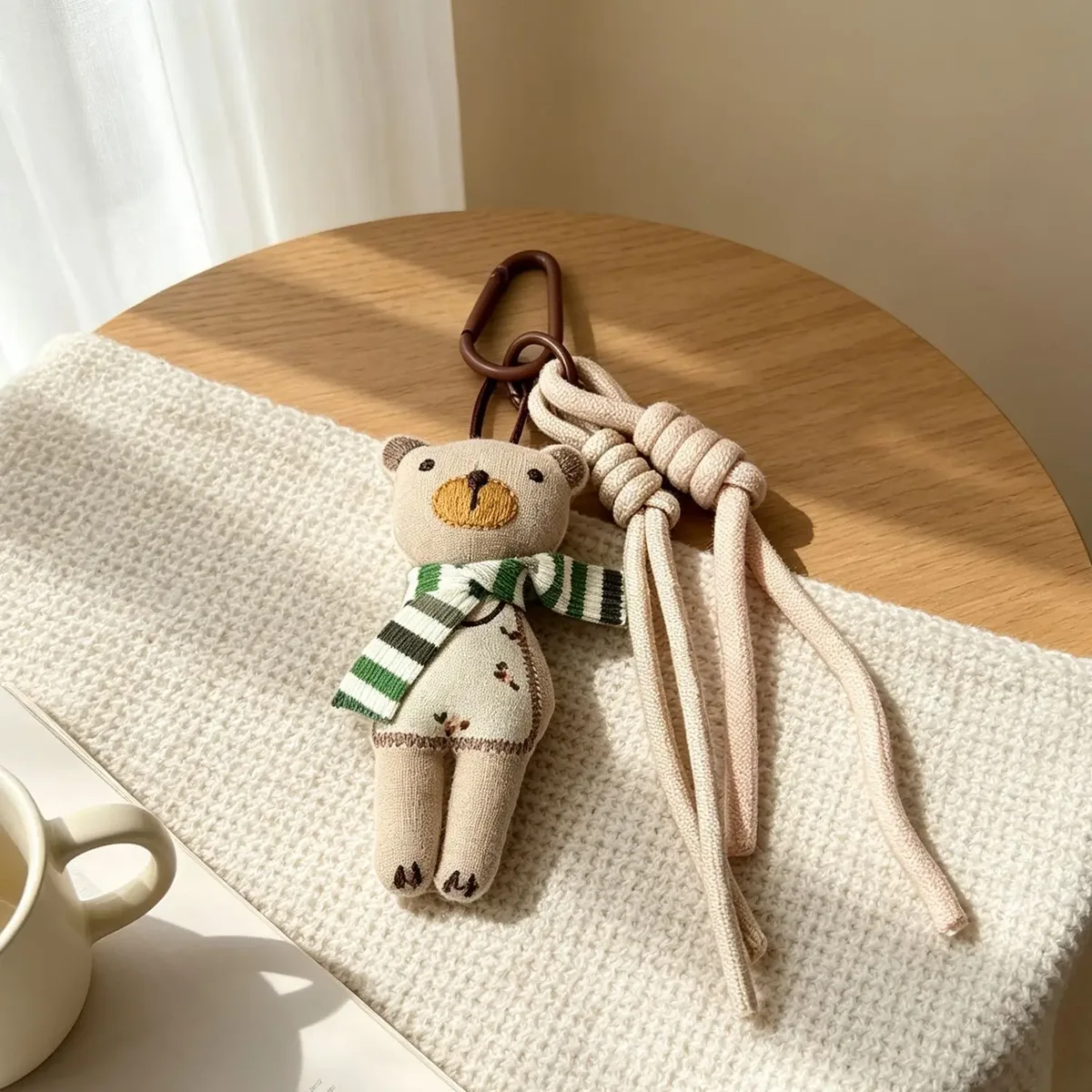 breloque de sac ourson en tissu mignon avec écharpe et clip en corde tressée pour sac à main, sac à dos, sac fourre-tout, décoration et cadeau