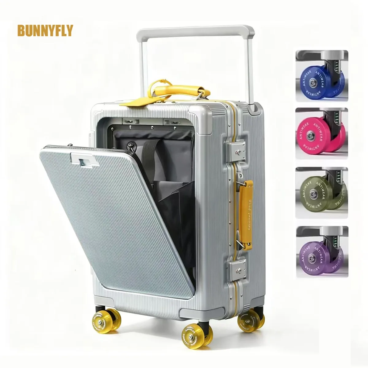 valise roulettes toupie poignée supérieure texture rugueuse couleur blanche accents violet doré usage voyage