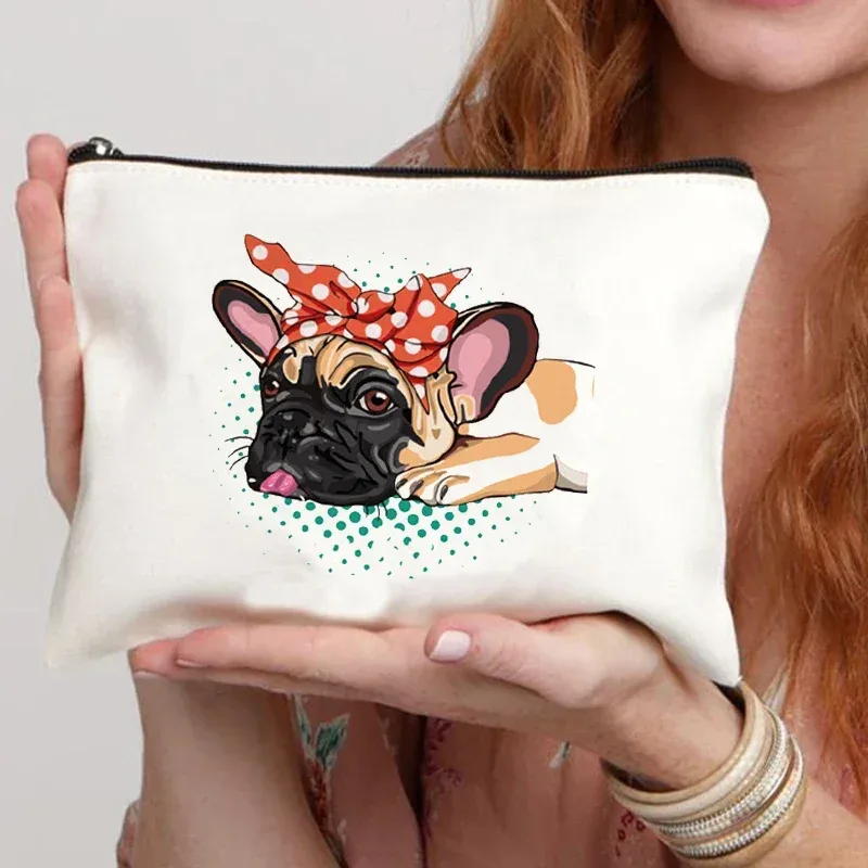 trousse de maquillage en toile pour femme, trousse de toilette, valise professionnelle, impression de dessin animé, bouledogue français, drôle