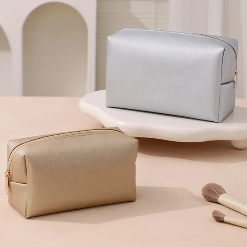 sacs à cosmétiques de couleur unie pour femmes, sac de rangement de maquillage portable de voyage, pochette de toilette à fermeture éclair