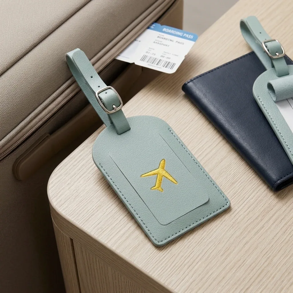 étiquette bagage cuir rouge doré avion nom adresse voyage affaires vacances lot pièce identification valise