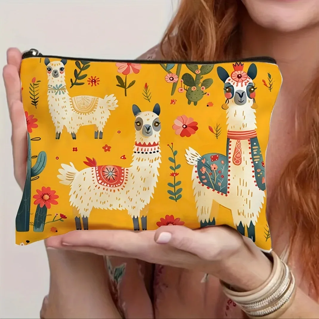 trousse de maquillage colorée en alpaga de dessin animé, pochette légère à fermeture éclair pour articles de toilette de voyage, organisateur de cosmétiques pour femmes, sac de voyage