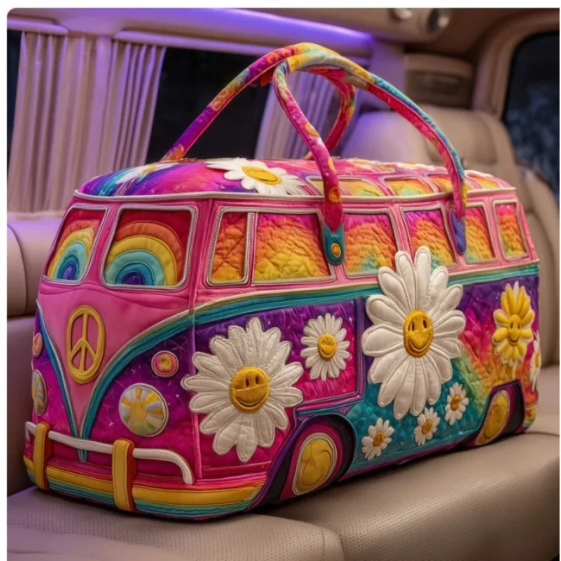 sac voyage polyester fleurs paix jaune blanc vert voyage week end sport camping randonnée polyvalent