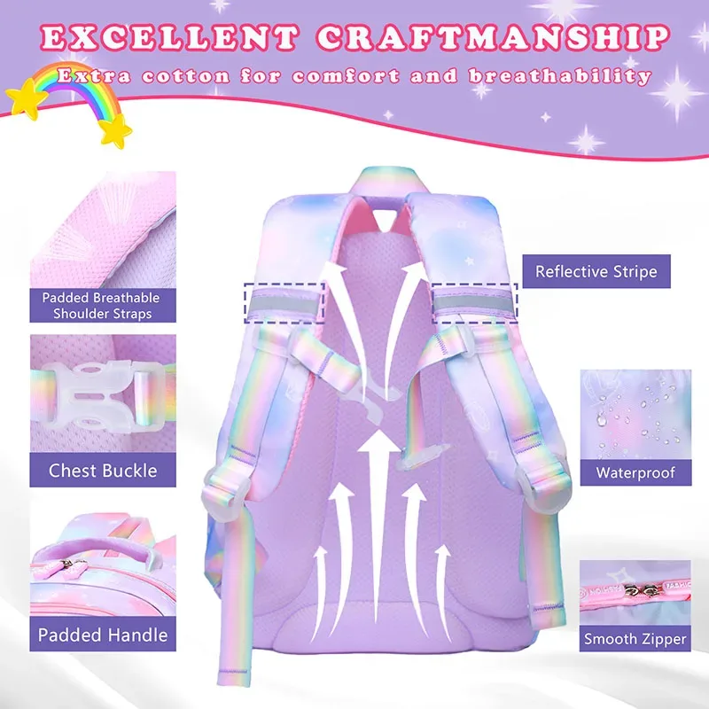 sac à dos d'école pour filles, 3 pièces, grande capacité, sac d'école pour enfants avec étui de transport pour crayons et déjeuner, sac à dos de voyage, cadeau pour enfant