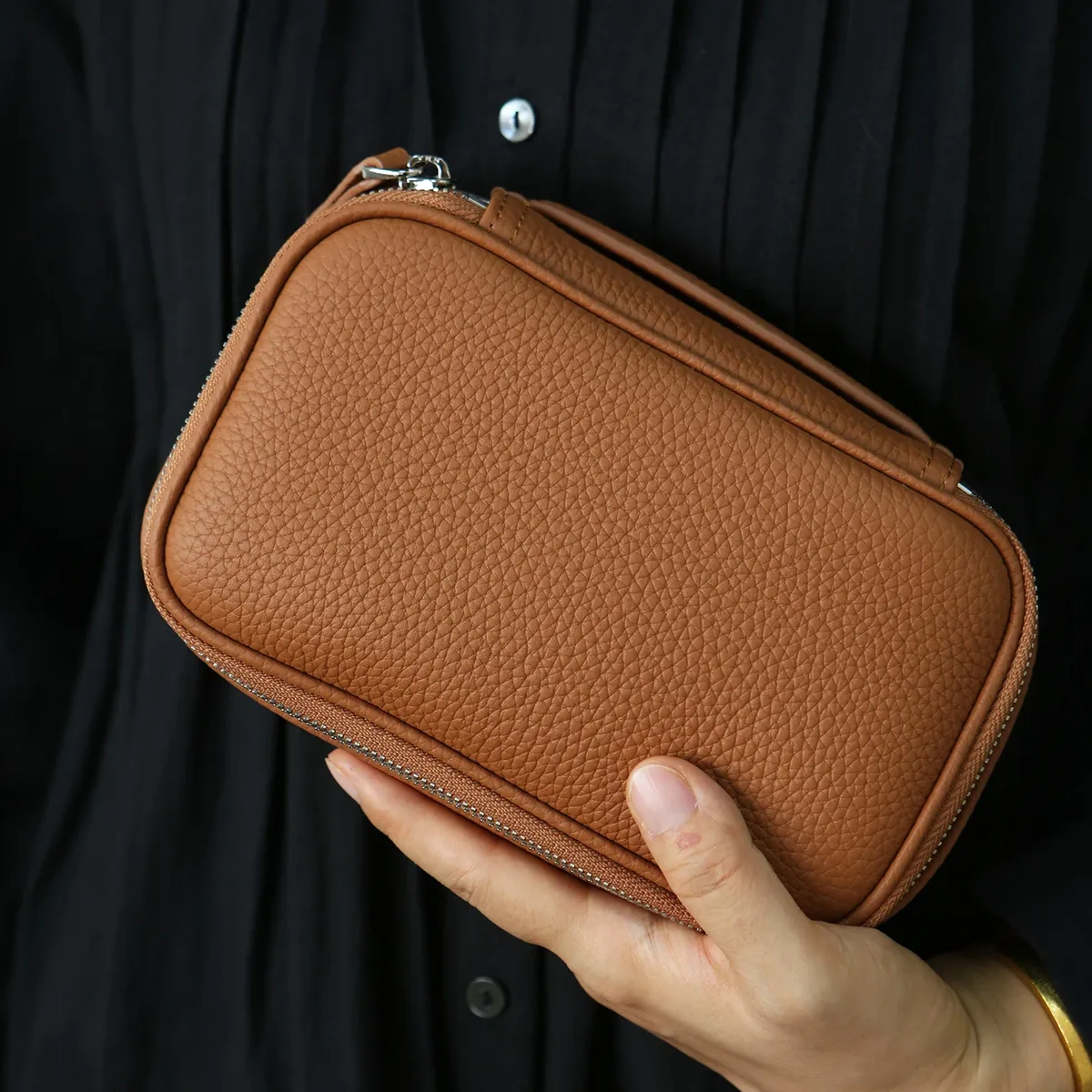 sac de maquillage en cuir véritable, design simple, cuir de vachette de première qualité, sac de toilette portable, sac de rangement pour cosmétiques pour femmes, sac de voyage