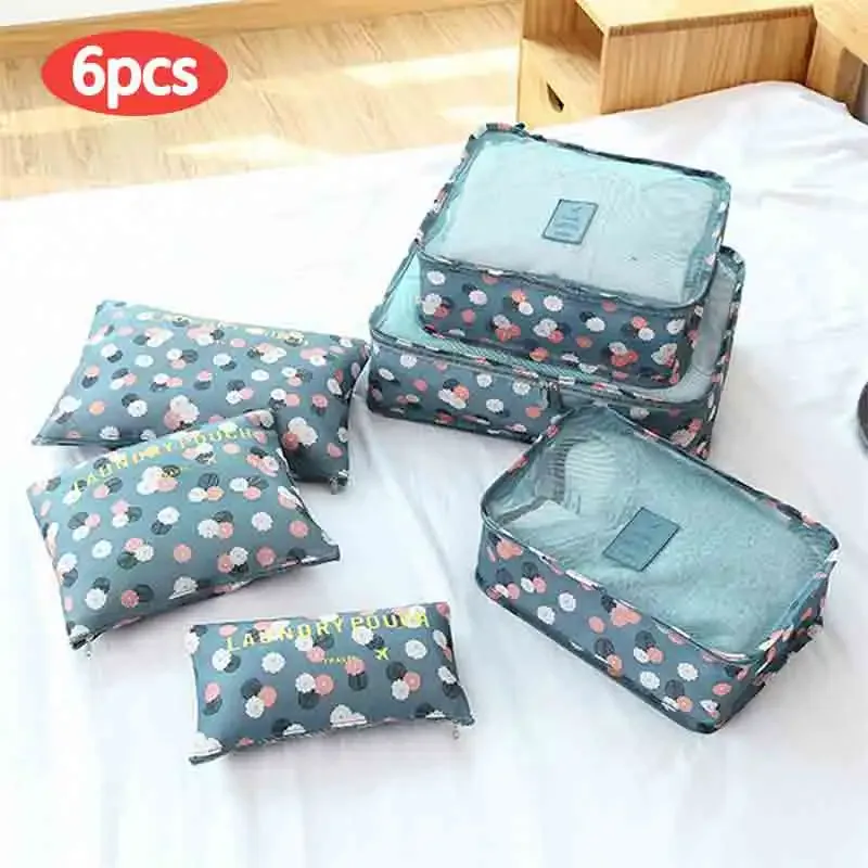 organisateur voyage polyester bleu transparent rectangulaire poignée intégrée fleurs léopard motif lettre format rangement vêtements chaussures compression