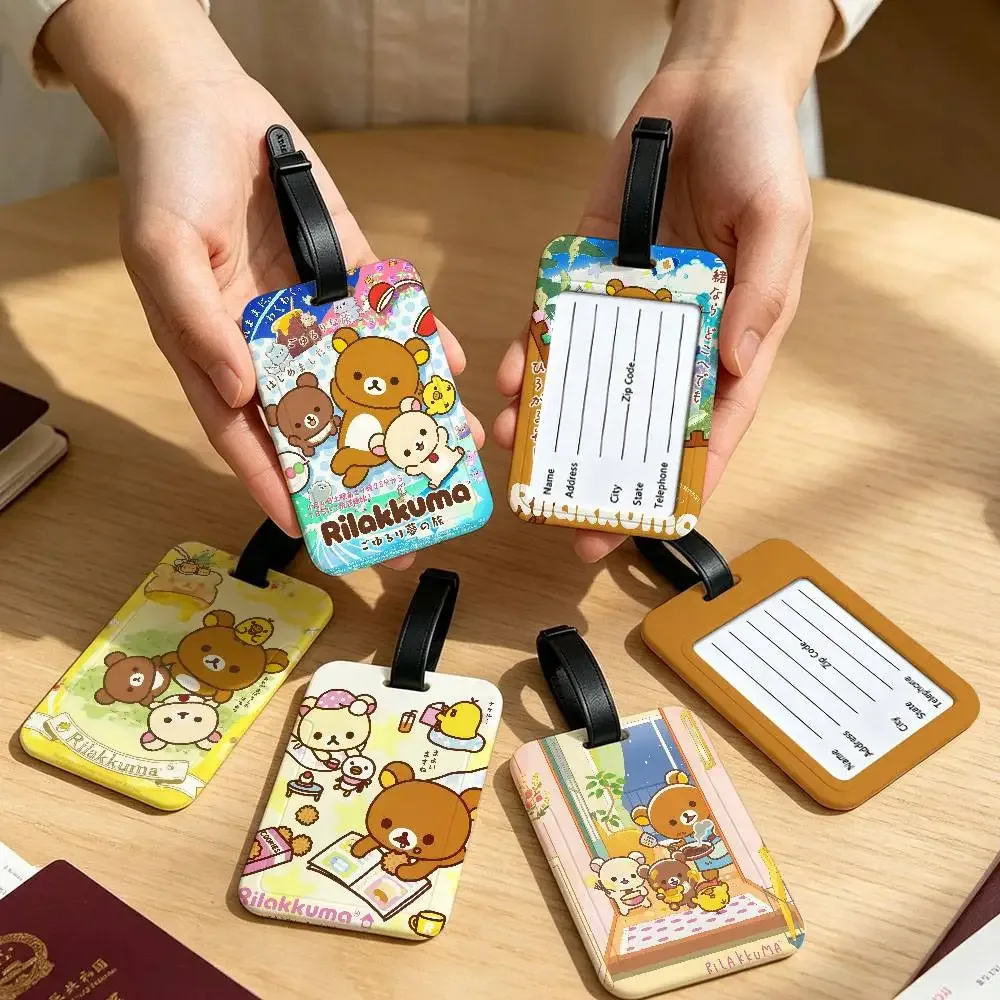 étiquette de bagage de voyage r-rilakkuma mellow-comfy, couverture de carte d'information en pvc, marqueur de nom anti-perte pour sac à dos