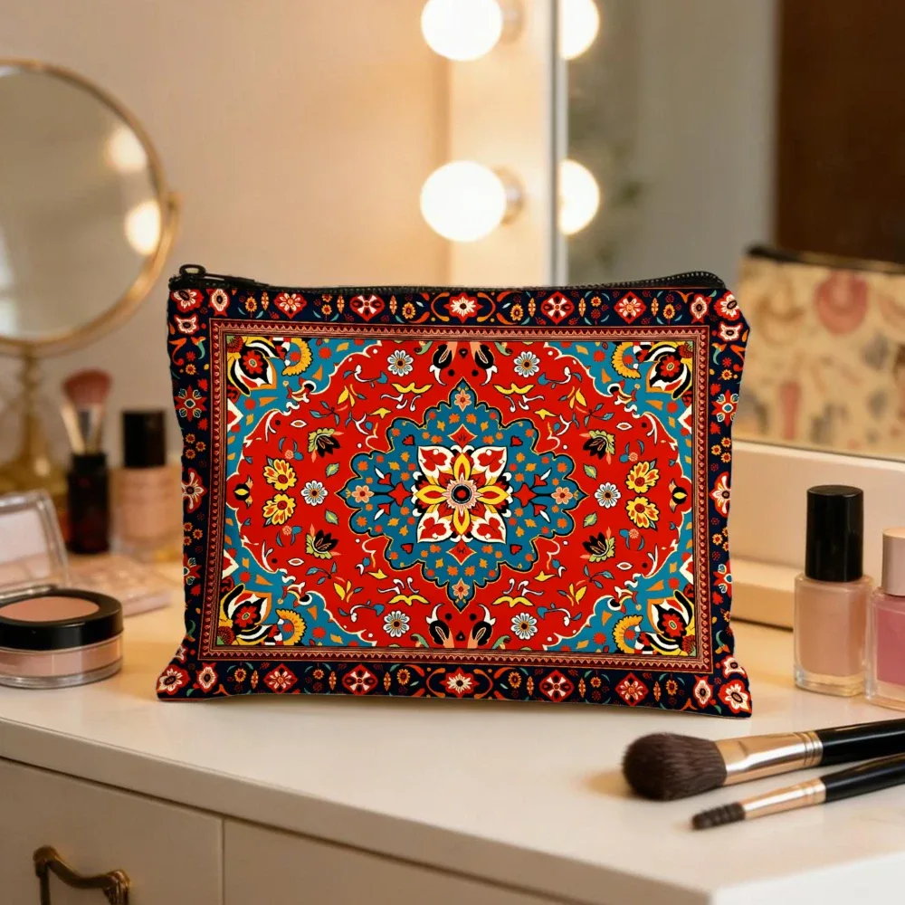 sacs de maquillage à motif floral mandala rouge et bleu pour filles, pochette à cosmétiques, trousse de toilette, trousse à crayons, rangement de voyage
