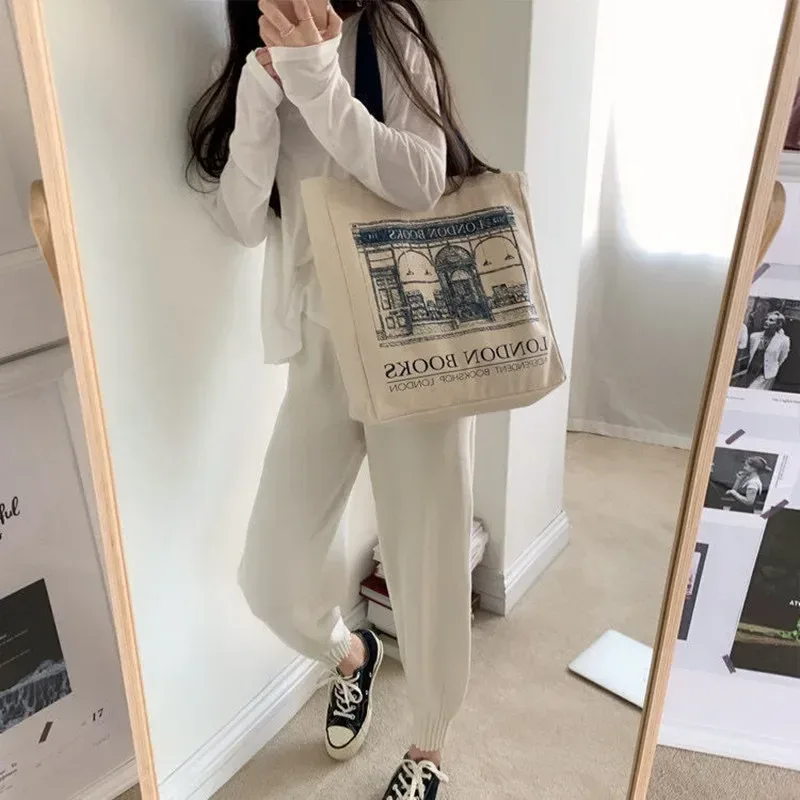 femmes toile sac à bandoulière londres livres imprimer dames sac à main décontracté sac fourre-tout réutilisable grande capacité coton shopping sac de plage