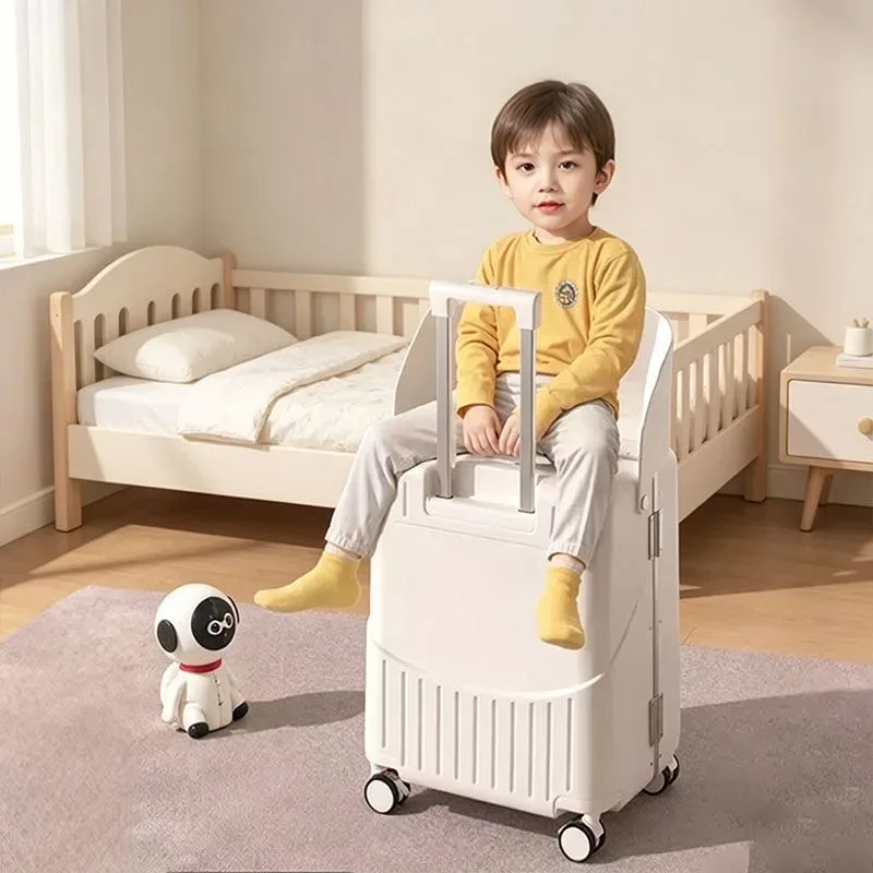 valise plastique dur pc blanche accents roses siège intégré roulettes toupie usage voyage enfant