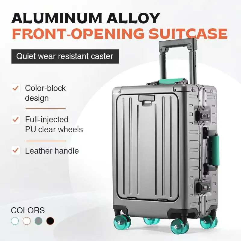 valise aiweiny en alliage d'aluminium et de magnésium, ouverture frontale, 360° ° valise de voyage/à main avec roues silencieuses en tpe, serrure tsa