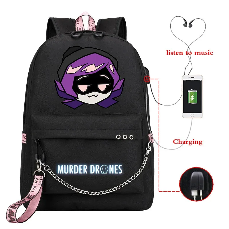 sac dos toile dessin animé personnages colorés logo murder drones chaîne métallique câble usb voyage capacité 20 35 litres