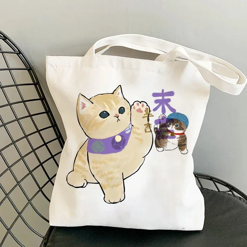 femme sacs à provisions kawaii dessin animé chats amusant sac fourre-tout shopper organisateur décontracté déjeuner sacs à main grande capacité toile sacs à bandoulière