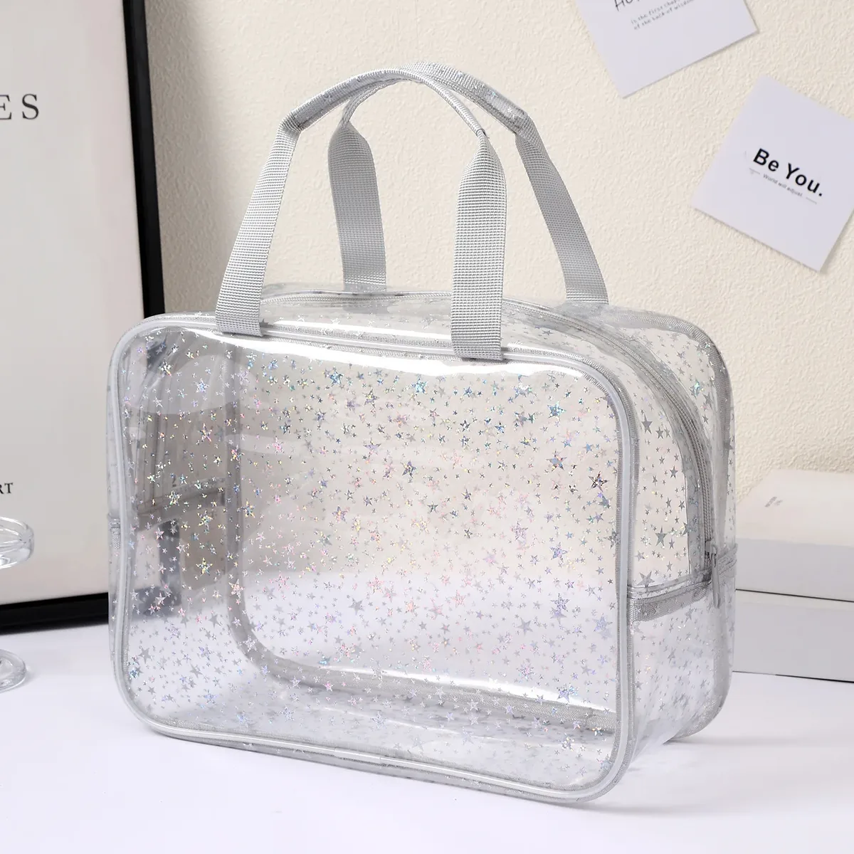 trousse de maquillage transparente grandes étoiles, avec sangle portable, trousse de toilette étanche en pvc, sac organisé pour cosmétiques, sac de voyage transparent