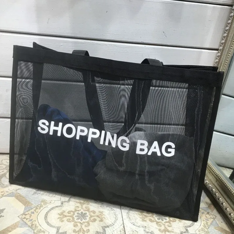 sac fourre-tout en filet noir à lettres simples, multifonctionnel, sac à bandoulière pour la plage, les vacances, le quotidien, le rangement et les accessoires