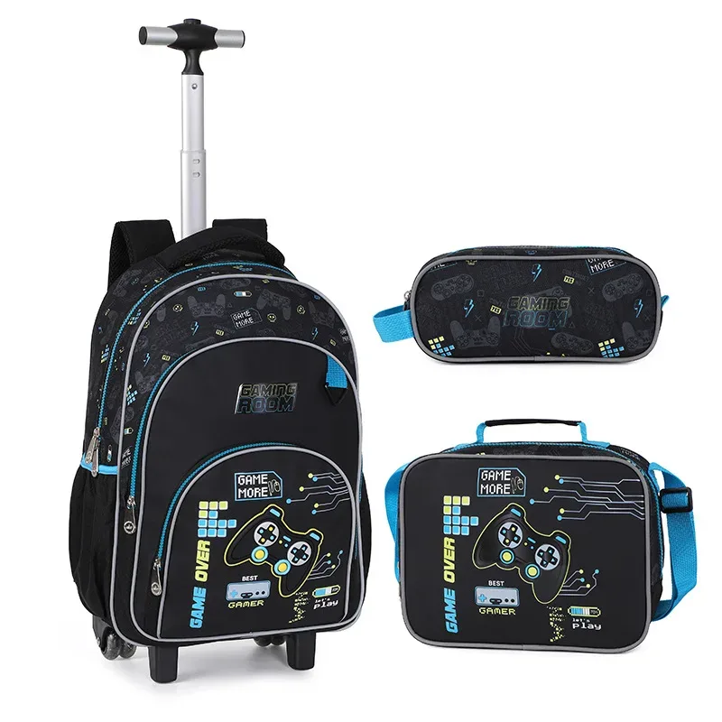 valise sac dos roulettes polyester noir bleu marine motif dinos saillies poche latérale épaule usage enfant garçon école voyage