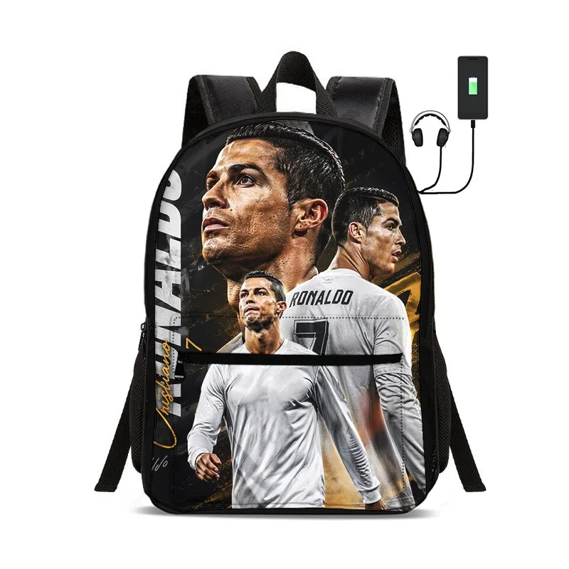 sac à dos de star du football avec interface usb, sac à dos ronaldo pour étudiants, sac à dos pour garçons et filles, meilleur cadeau