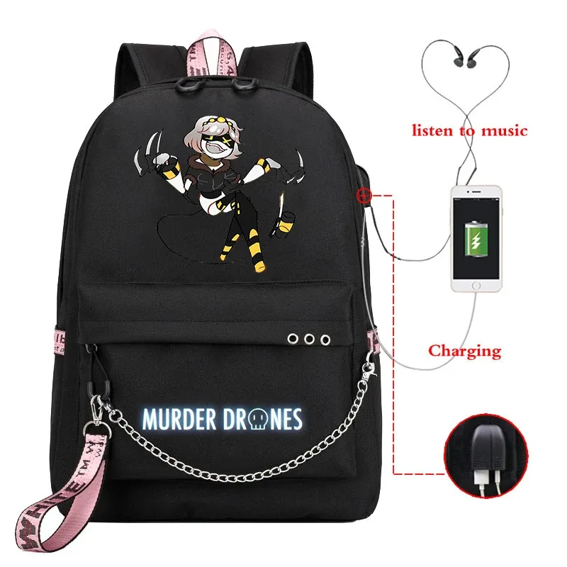 sac dos toile dessin animé personnages colorés logo murder drones chaîne métallique câble usb voyage capacité 20 35 litres