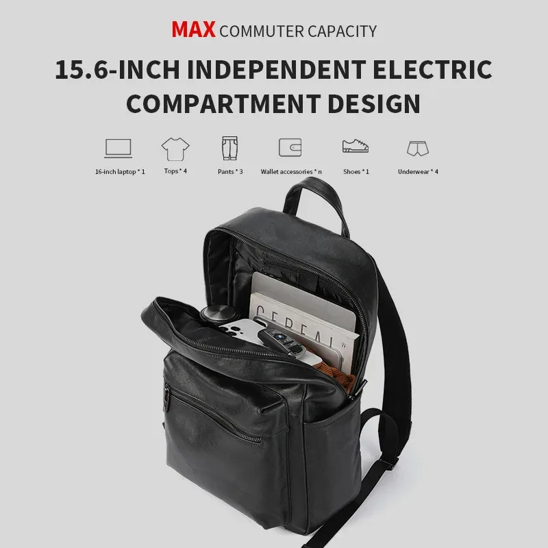sac dos cuir vache polyester noir compartiment ordinateur portable fermeture éclair unisexe voyage business sport