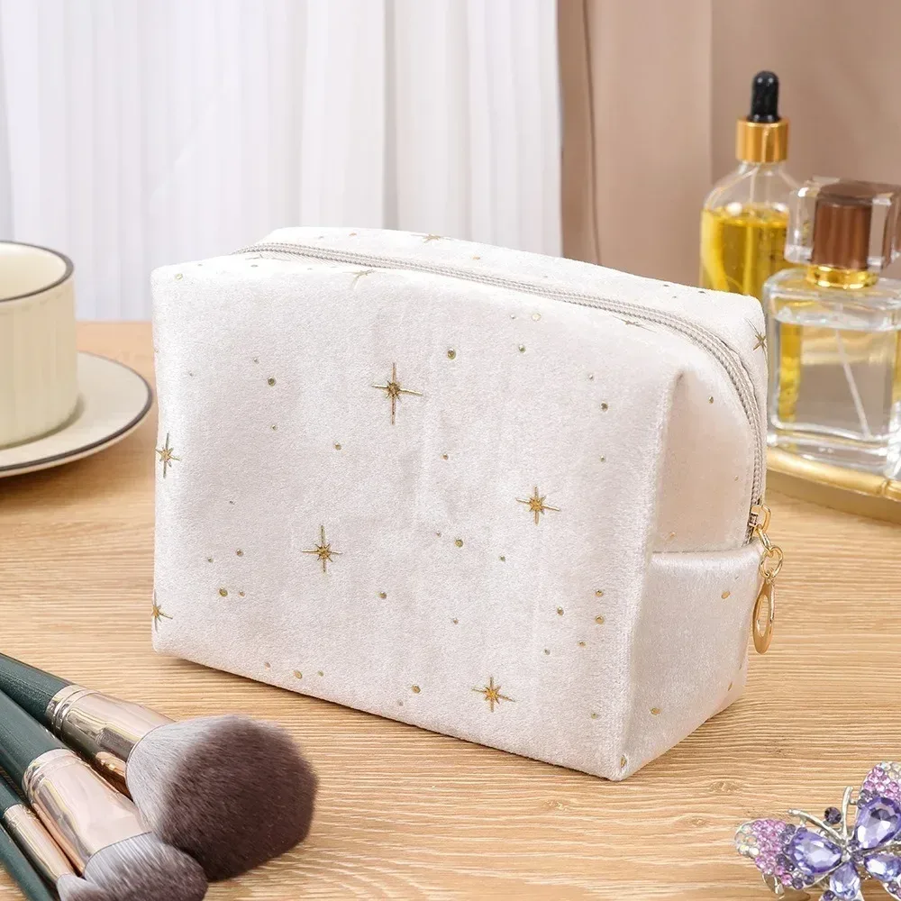 trousse de toilette en velours doux pour femme, sac cosmétique portable, motif étoile estampé à chaud, sac de rangement de maquillage avec fermeture éclair, haute qualité