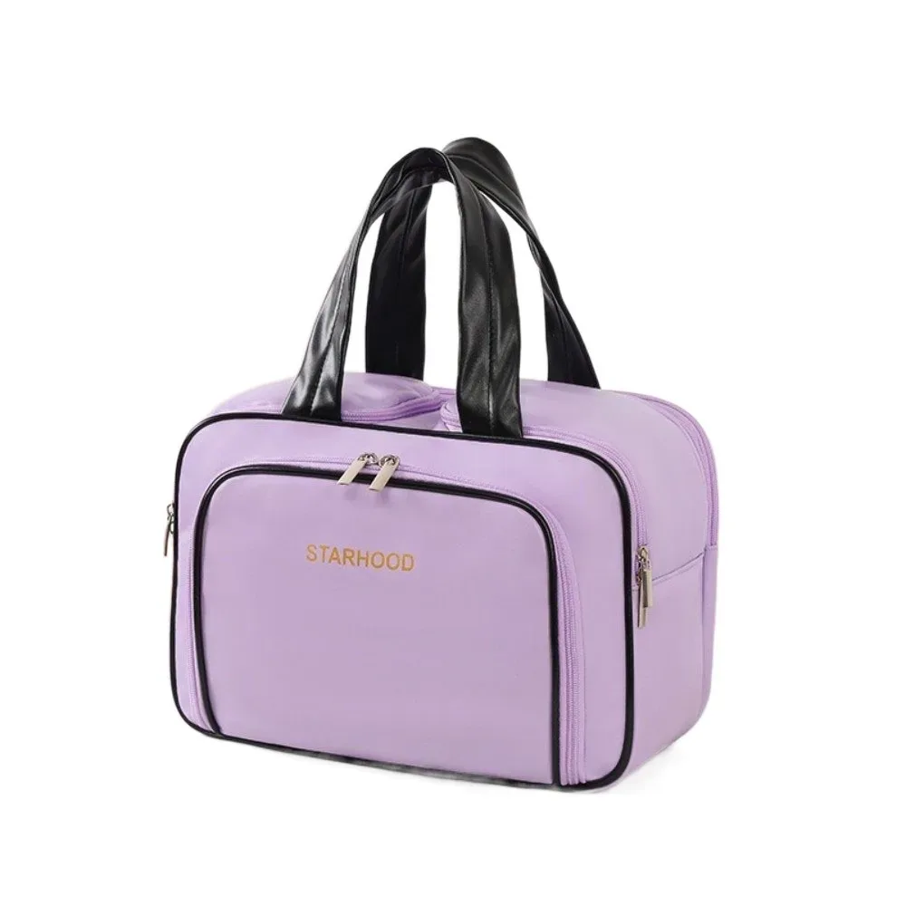 trousse de toilette de voyage de grande capacité, organisateur de maquillage léger en pu, plusieurs compartiments, poignée, mallette de rangement de voyage, salle de bain