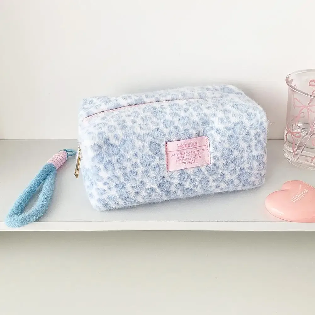 sacs à maquillage en peluche à imprimé léopard avec poignée, sac de rangement cosmétique de voyage portable, trousse de toilette, trousse à crayons mignonne, sac à main tendance