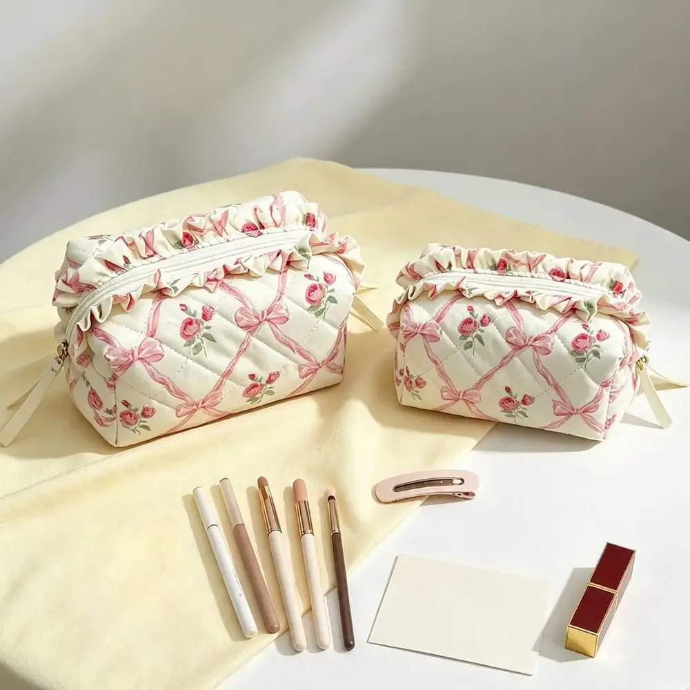 1 pièce trousse de maquillage matelassée de haute qualité, motif floral avec nœud, grande capacité, pour la maison et les voyages
