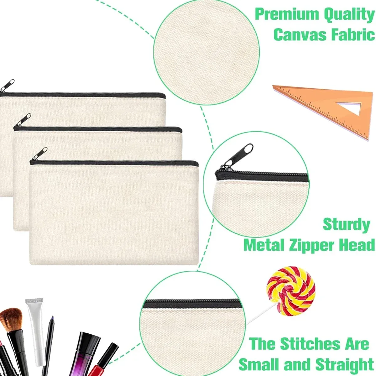12 sacs de maquillage en toile beige vierges à personnaliser avec fermeture éclair - 8,3' x 5' - trousses cosmétiques en gros pour le voyage, le rangement et la papeterie
