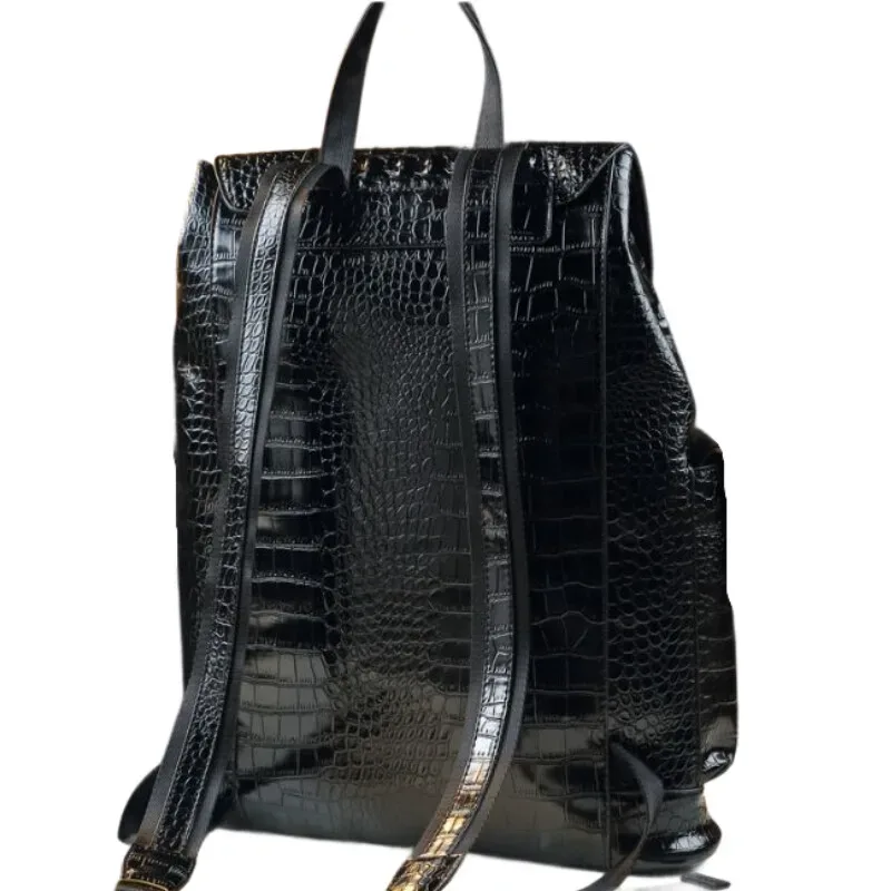 sac à dos de voyage à motif crocodile en cuir de vache véritable – grand sac d'école unisexe pour étudiants et employés de bureau avec fermeture éclair antivol