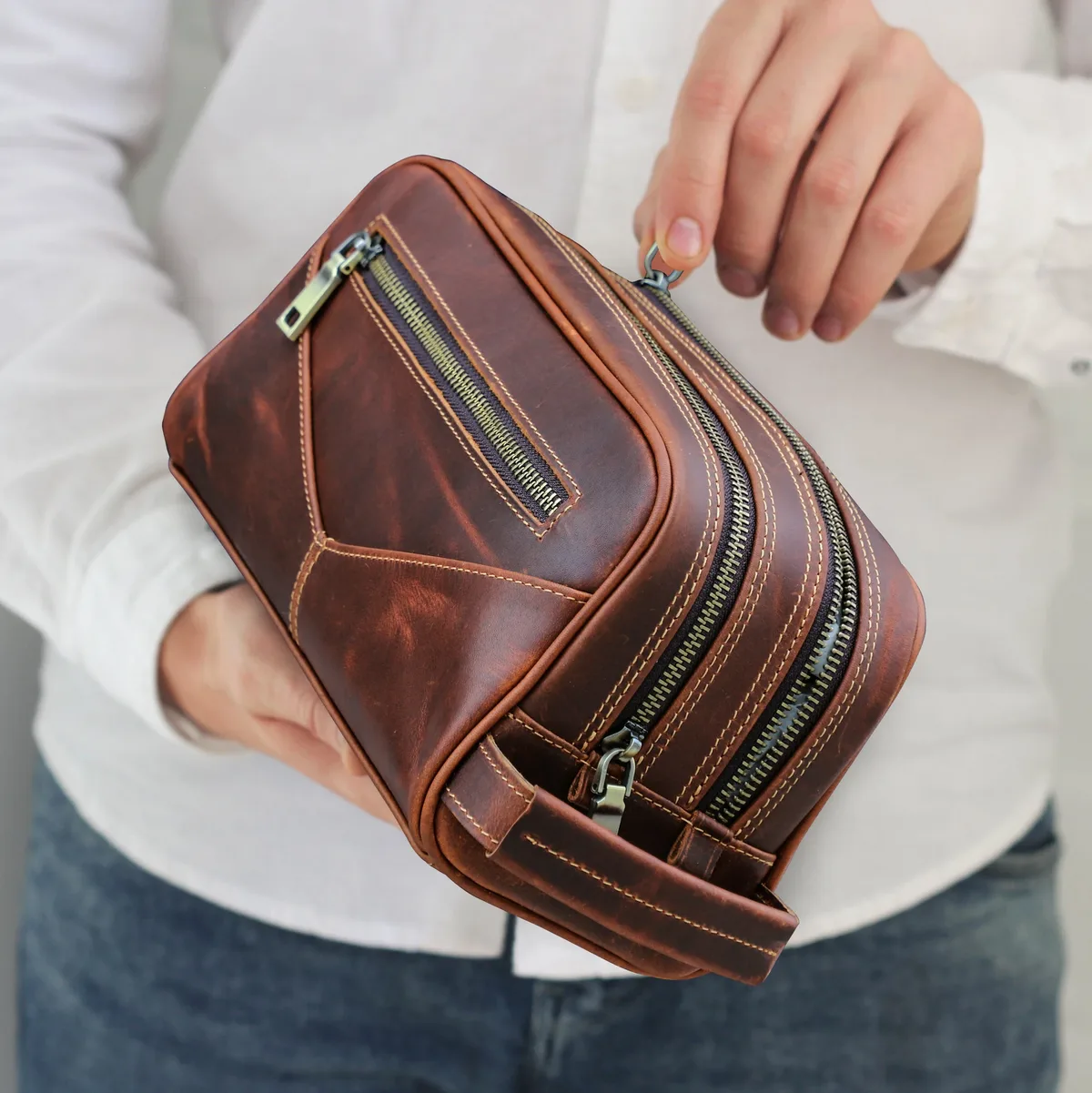 trousse de toilette pour homme en cuir crazy horse vintage, sac de maquillage, trousse de voyage, sac de rangement pour produits de beauté, double fermeture éclair, organisateur pour homme.
