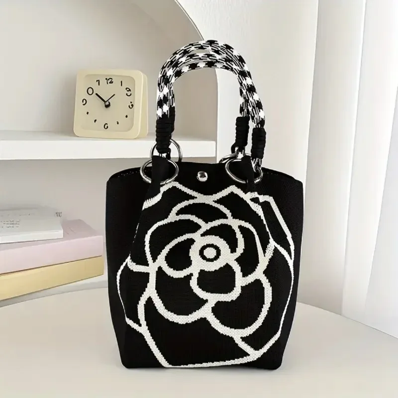 sac à main tricoté à fleurs pour femmes, sac à bandoulière couleur contrastée, sac à main de plage portable pour dames, fourre-tout de shopping