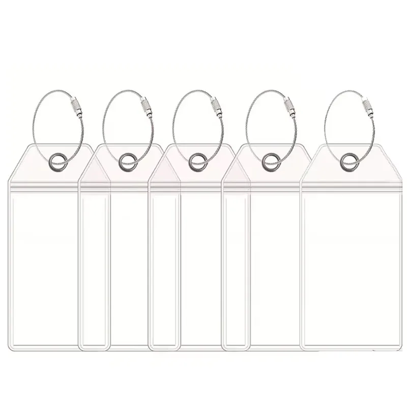 étiquette bagage pvc transparent motif arrondi blanc rouge voyage croisière anneaux métalliques suspension pochette texte