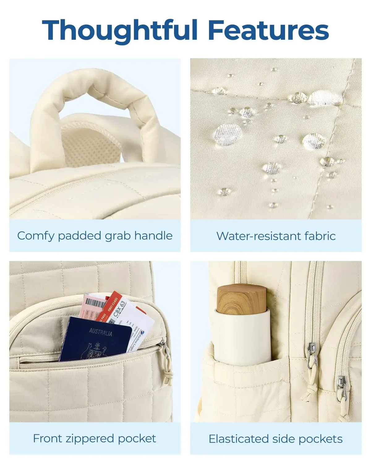 sac dos nylon beige carreaux 20 35 litres bandes soutien ventilées poignée souple compartiment téléphone portable courbe physiologique dos