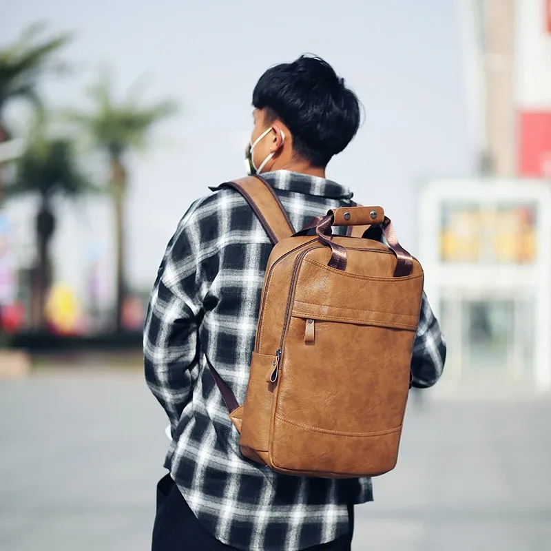 sac dos cuir pu noir marron hommes couverture souple grand ordinateur portable bandoulière arquée jacquard preppy