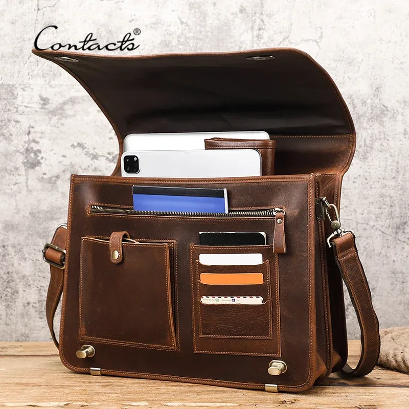 porte documents cuir vraie vache polyester darkbrown loquet sécurité poignées bandoulière compartiments ordinateur portable smartphone cartes voyage