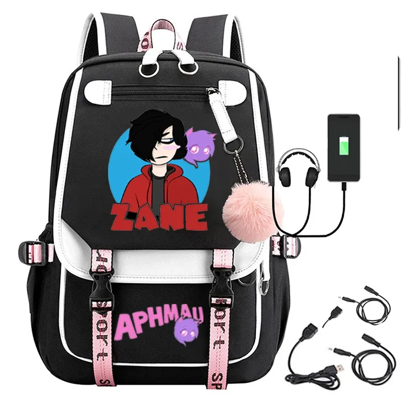 sac dos toile noire broderie fille chat bleu texte aphmau rose bandes latérales cuir sport poche rabat décontracté