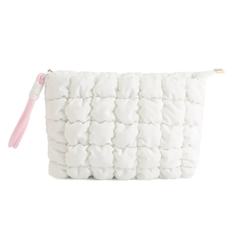 sac de maquillage matelassé bouffant mignon, sac à cosmétiques pour femmes et filles, pochette de toilette de voyage bouffante, sac à fermeture éclair à carreaux, sac de rangement de maquillage