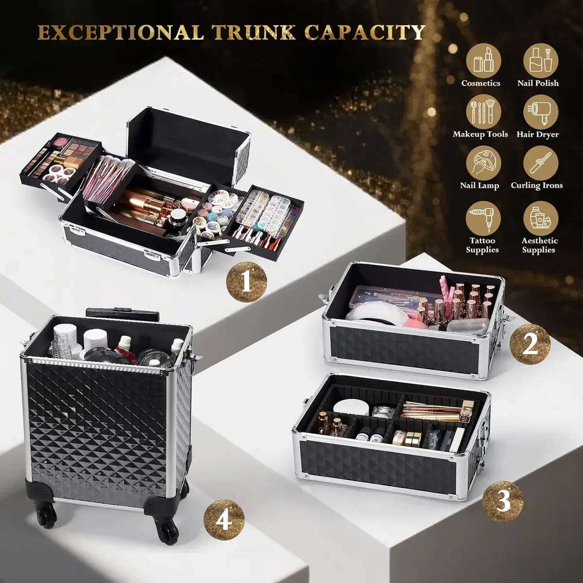 valise de maquillage professionnelle sur roulettes 4 en 1, cadre en aluminium, valise rigide pour cosmétologie sur roulettes, valise de voyage à roulettes avec clés, grande capacité, valise à roulettes avec 4 plateaux, valise de voyage pour tatouage, organisateur de cosmétiques et de vernis à ongles, boîte de rangement noire.