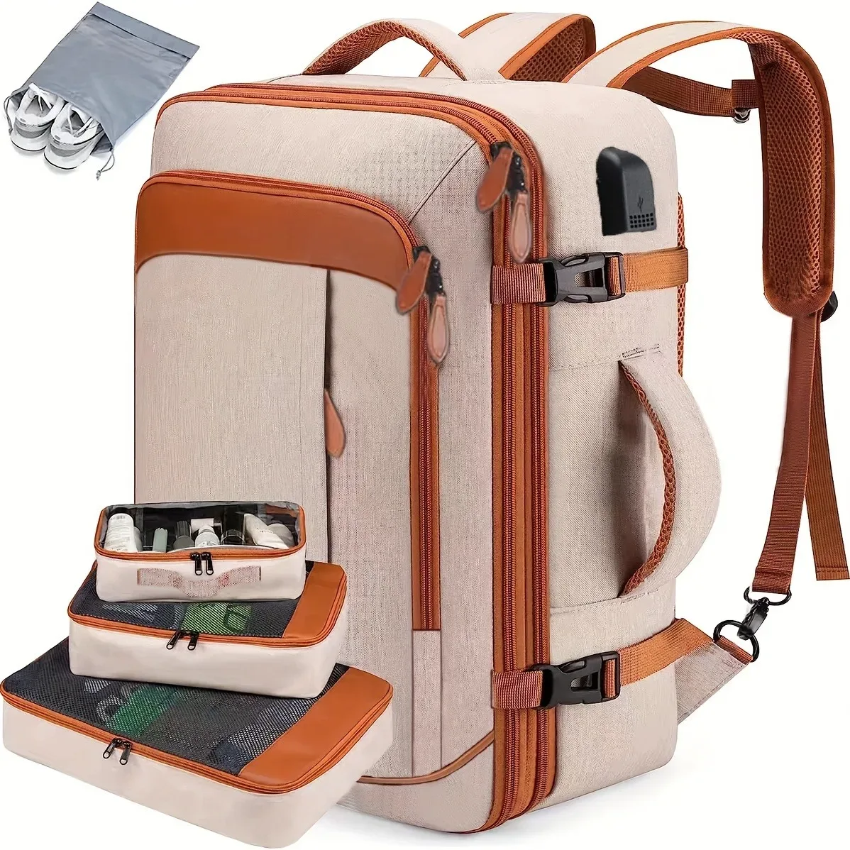 grand sac à dos de voyage extensible pour femmes et hommes, sac à dos pour ordinateur portable de 40 l avec 3 cubes de rangement et sac à chaussures, résistant à l'eau