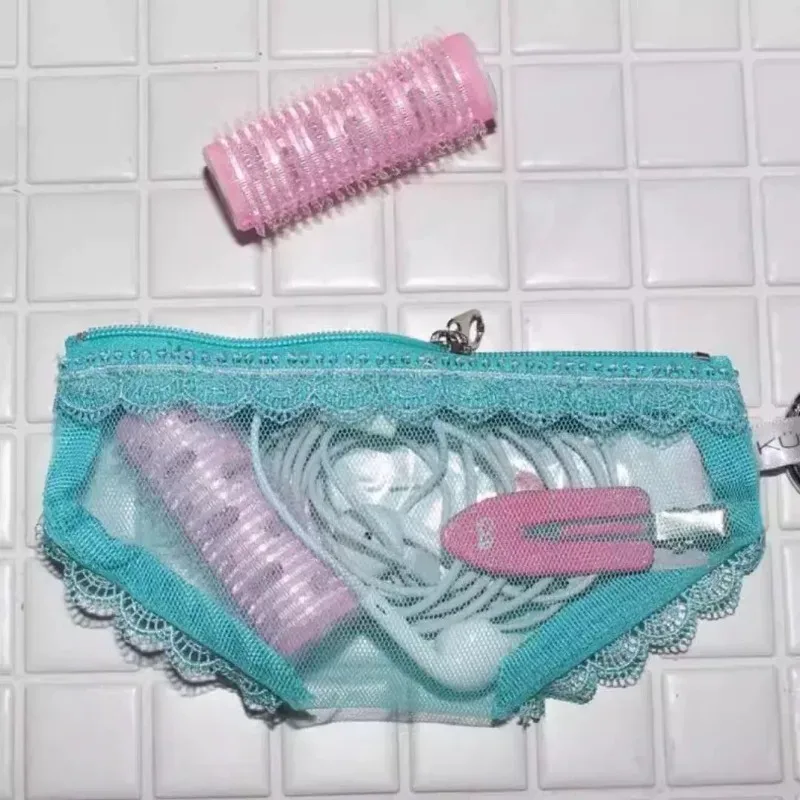 pochette de rangement transparente en maille tendance avec bordure en dentelle, pour cosmétiques, maquillage, bijoux et écouteurs, décorative avec fermeture éclair