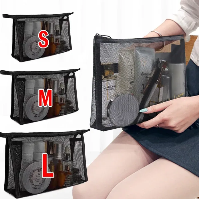 nouveaux sacs à cosmétiques transparents en maille, petit grand sac de maquillage noir clair, organisateur de toilette de voyage portable, pochette de rangement de rouge à lèvres