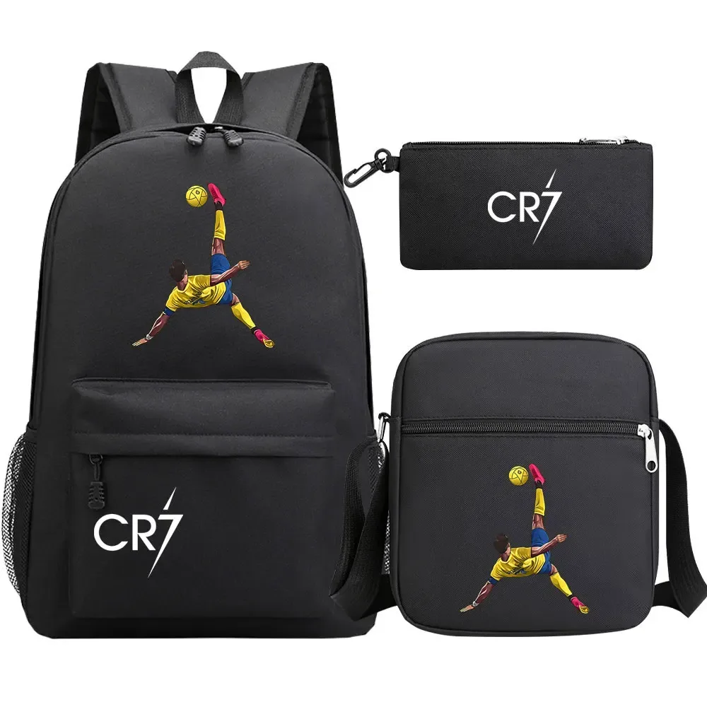 football star cr7 3 pièces garçon fille retour à l'école livre sacs, étudiant sac à bandoulière porte-crayon sac à dos, adolescents mochila hommes femmes