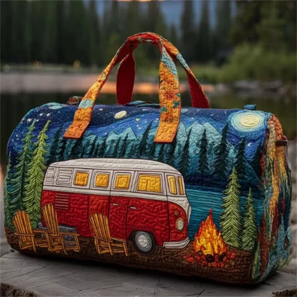 sac de voyage matelassé pour homme, motif floral et bus de la paix, sac fourre-tout décontracté pour femme, sac de week-end