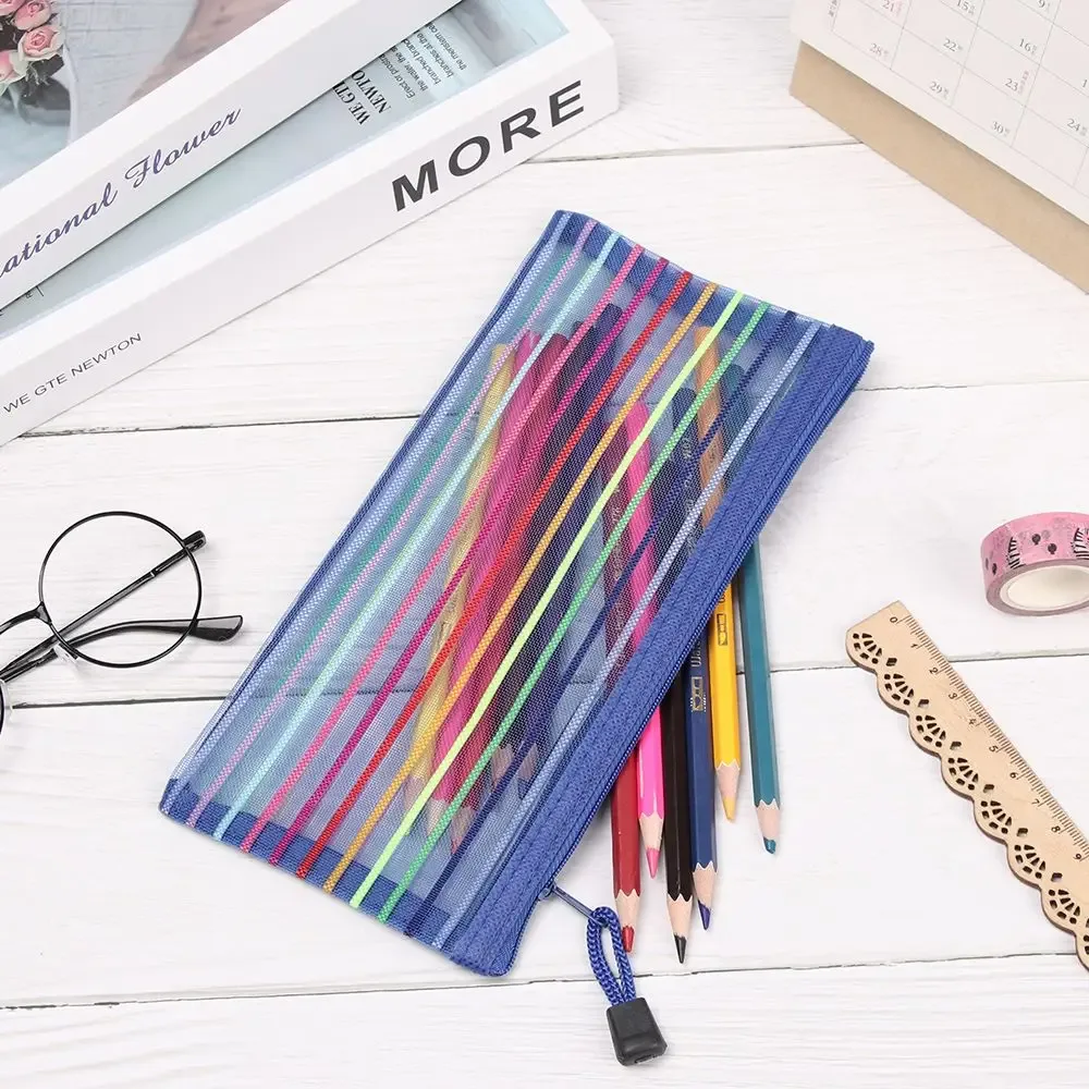 Pochette Rangement Crayons Polyester Transparent Rayures Arc Ciel Fermeture Glissière Voyage Cosmétiques Stylos Maquillage