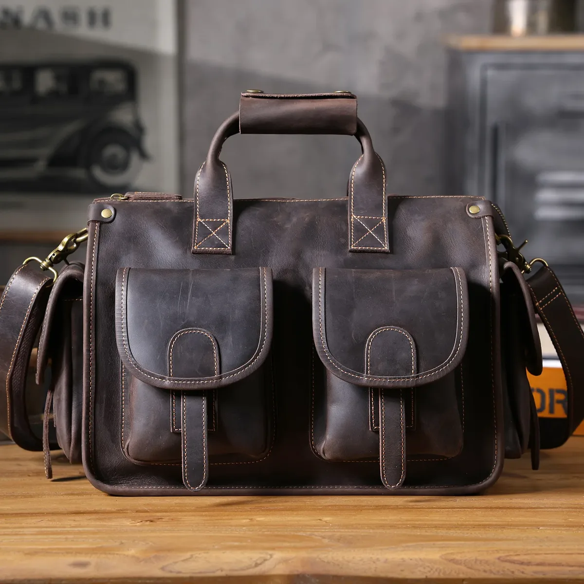 porte-documents vintage fait main en cuir de vache crazy horse pour homme, multi-poches, sac à main d'affaires de luxe en cuir véritable, grande capacité pour ordinateur portable