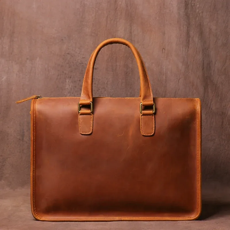 luokir sac à main en cuir véritable hommes vintage crazy horse peau de vache bureau ordinateur sac simplicité mallette d'affaires pour ordinateur portable 14 pouces