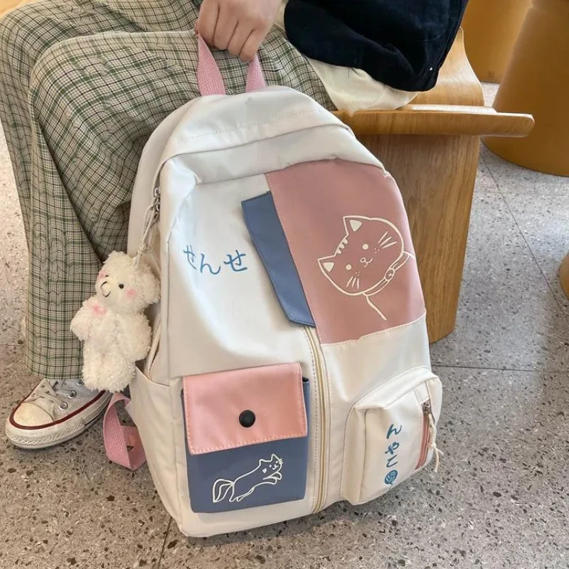 sac à dos de voyage en nylon imperméable de grande capacité, cartable de style coréen avec chat de dessin animé mignon pour femme